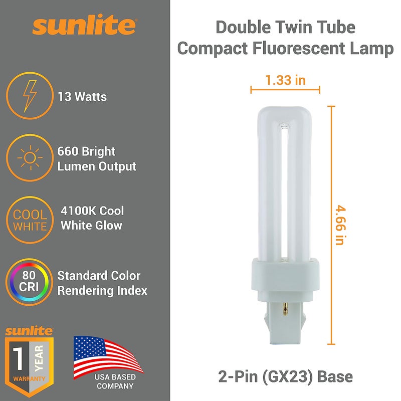 Sunlite 40541 PLD13/SP41K/10PK Double Twin Tube Compact Fluorescent Lamp, PLD 2-Pin, 13 Watts, 660 Lumens, 4100K Cool White, 2-Pin (GX23-2) Base, 10 Pack - Image 2